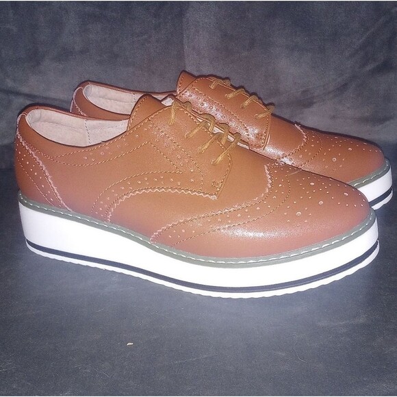 DADAWEN Brown Leather Platform Lace-Up Wingtips Oxfords Shoe Size 40 (9.5) EUC - Picture 2 of 11